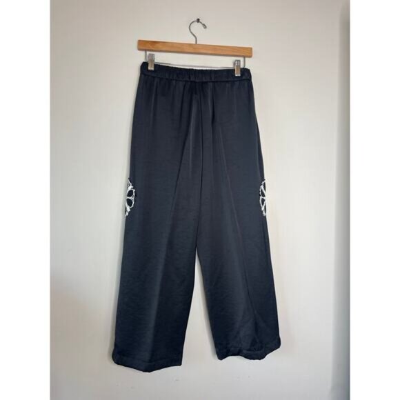 NEW Saintart Elastic-Waist Embroidered Floral Wide-Leg Pants Black Size: Small - Picture 5 of 7
